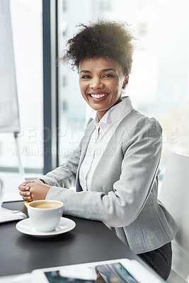 Buy stock photo Portrait, business and black woman with coffee, accountant and financial advisor with smile and economist analyst. African person, professional and broker with startup and corporate with morning tea