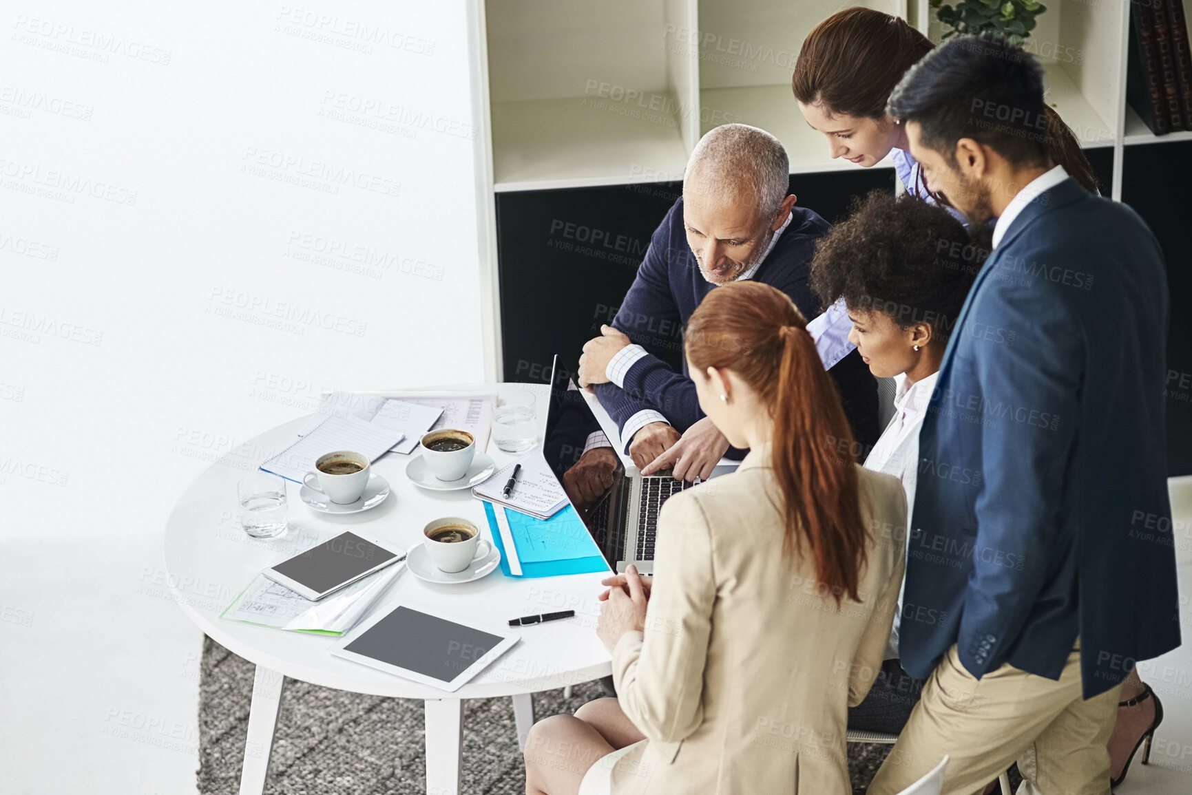 Buy stock photo Support, meeting or business people with laptop in office for talking and speaking of research update. Teamwork, financial or consultants in conversation, communication or discussion in workplace