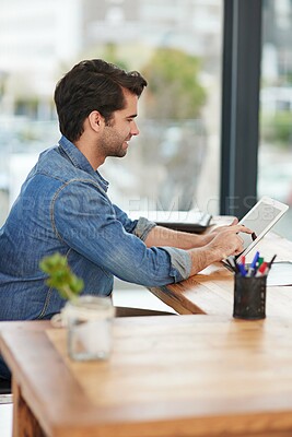 Buy stock photo Businessman, tablet and desk working online for research, networking and planning in office. Male person, reading and technology in hand for copy writer, digital blogger or social media manager