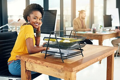 Buy stock photo Portrait, black woman and happy with computer in office for career, job growth and opportunity in confidence. Female employee, smile and research for creative ideas, plan and designs as web designer