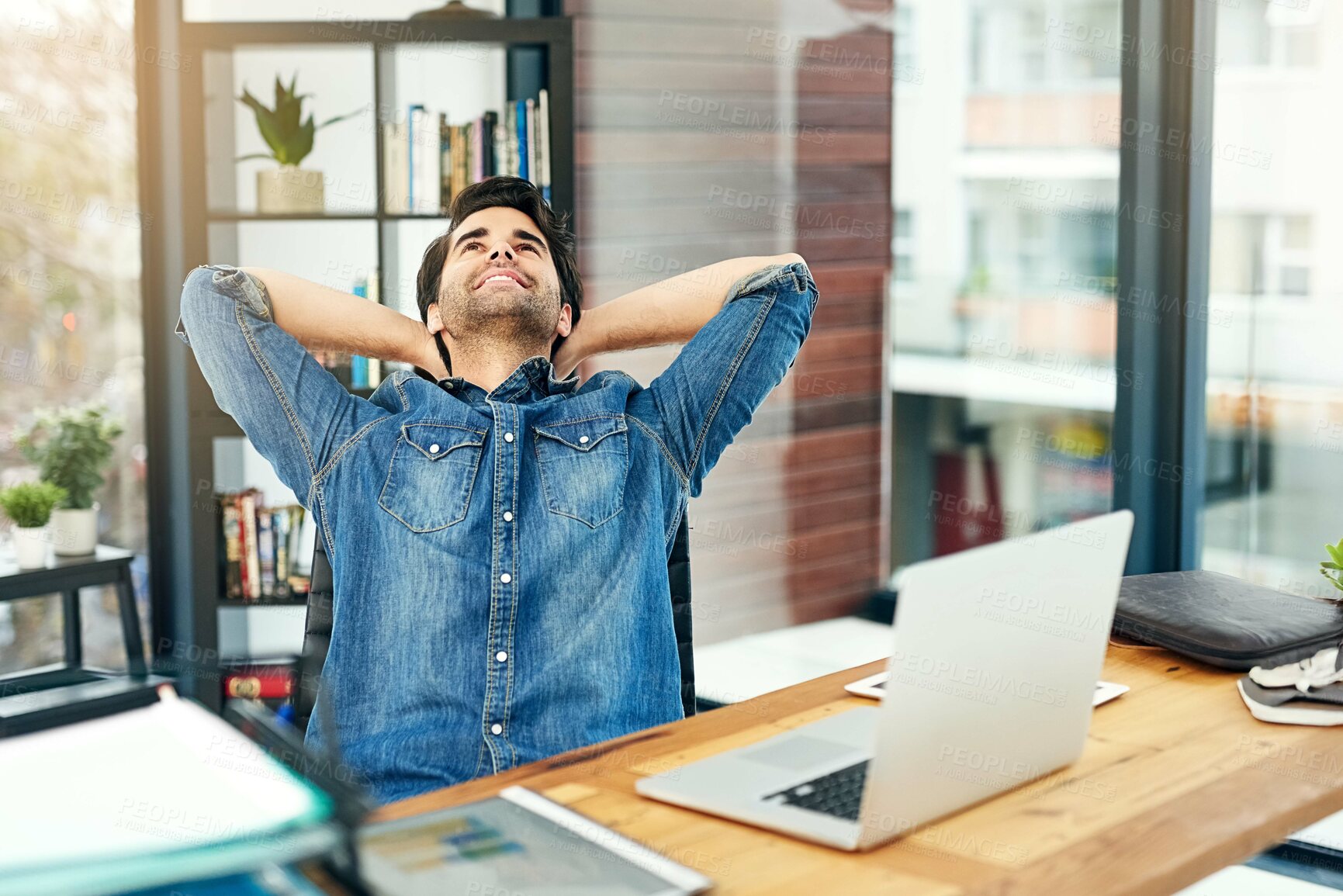 Buy stock photo Man, relax and consultant on break in startup and creative company thinking of ideas and solution. Event planner, entrepreneur and happy small business owner with smile confidence and opportunity