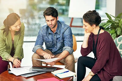 Buy stock photo People, teamwork or writers planning with paperwork in meeting for solution, conversation and discussion. Notes, journalists and editors in workspace for talking, creative ideas and collaboration