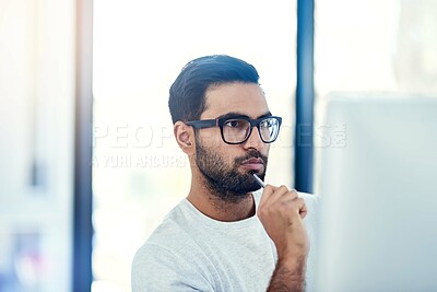 Buy stock photo Business, thinking and man with ideas, planning and calm thought with graphic designer, illustrator and startup. Person, entrepreneur or employee with decision, reading email and review project brief
