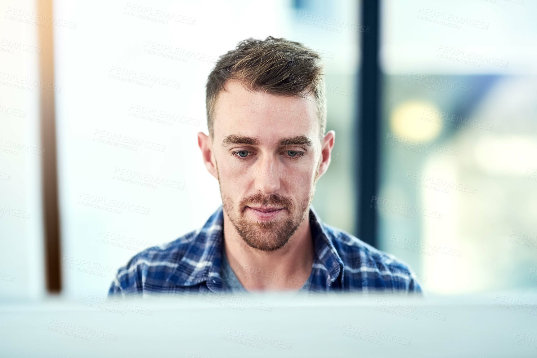 Buy stock photo Business, thinking and man with ideas, decision and calm thought with graphic artist, illustrator or web designer. Person, entrepreneur or employee with startup, reading email or review project brief