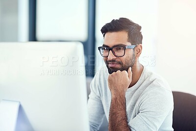 Buy stock photo Business, thinking and man with ideas, choice and calm thought with illustrator, research and startup. Person, solution or employee with decision, reading email and review project brief with decision