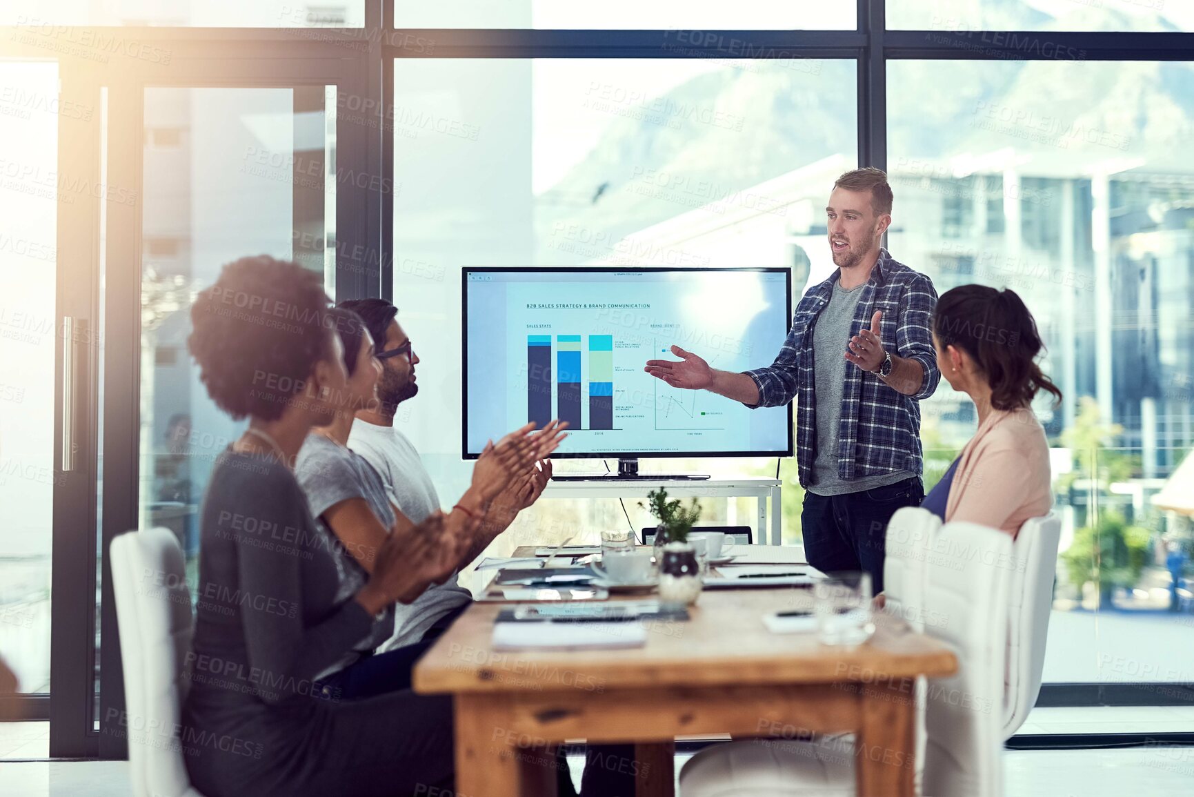 Buy stock photo Diversity, teamwork and presentation in workplace for collaboration, project and leadership. Men, women and business meeting in office for workshop, training and data analysis for startup company 