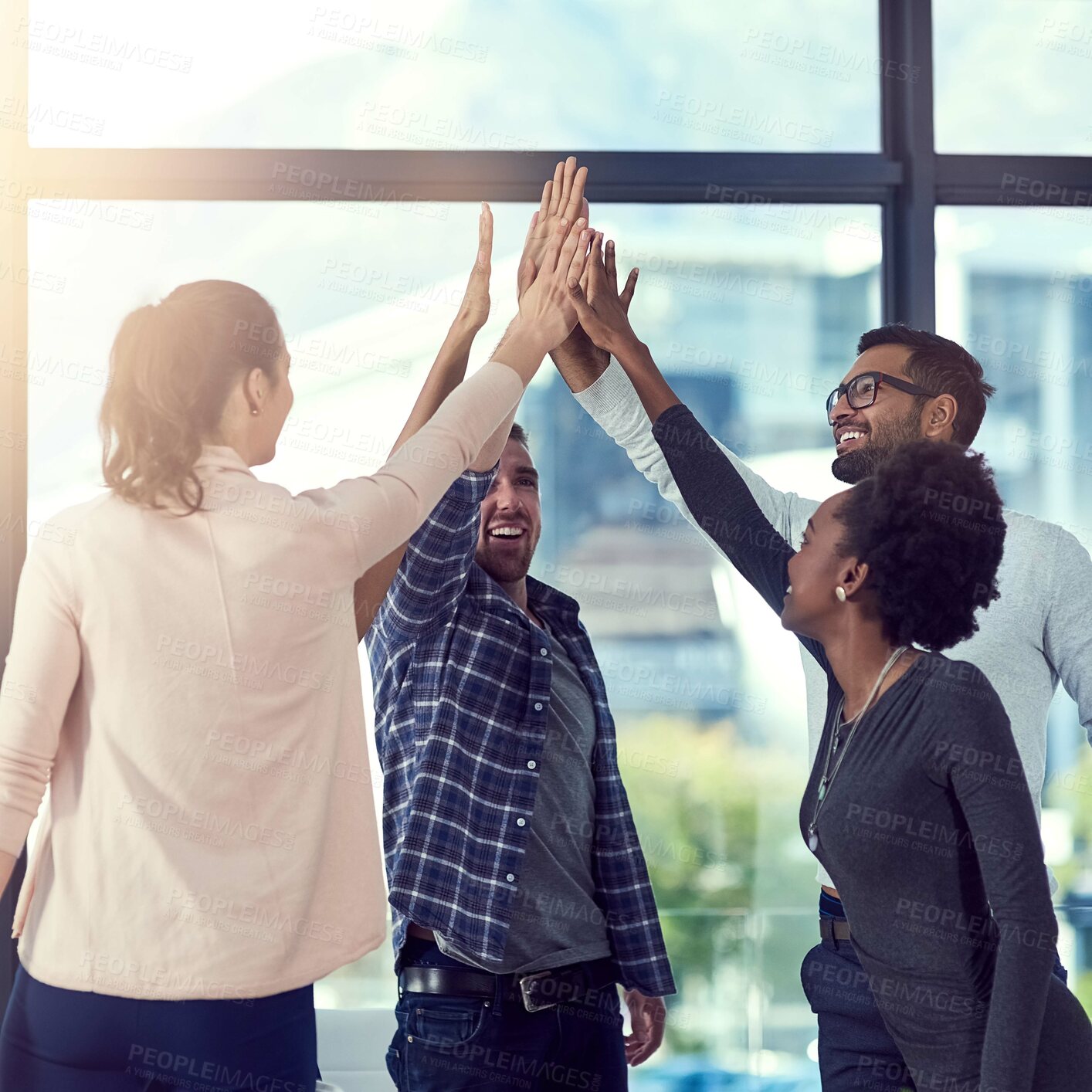 Buy stock photo Diversity, high five and hands together in office for corporate support, company collaboration and planning. Business people, trust and solidarity in circle for community, teamwork and celebration