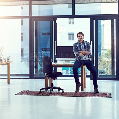 Buy stock photo Man, manager and confidence at desk in office, success and creative career in workplace. Entrepreneur, arms crossed and web design agency for computer screen, business and technology for startup