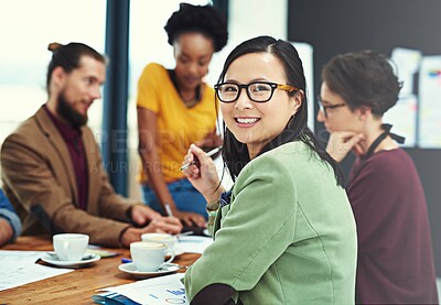 Buy stock photo Portrait, woman and meeting in boardroom, smile and corporate discussion in workplace. Colleagues, office and planning or strategy session for sales agency, female person and business in finance