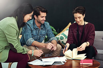 Buy stock photo Creative agency, notebook and business people in meeting, brainstorming and feedback with cooperation. Group, modern office or employees with conversation, teamwork or check date for project schedule