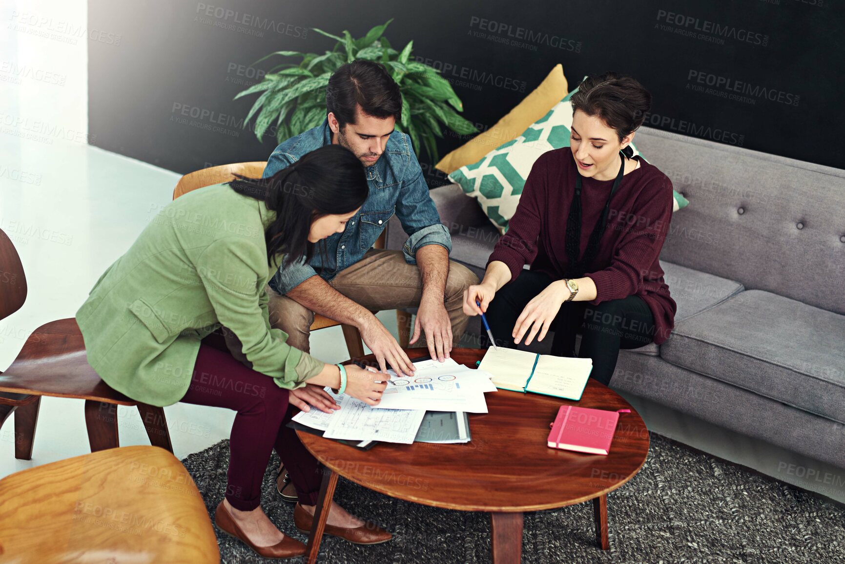 Buy stock photo Creative agency, teamwork and business people in meeting, feedback or cooperation for project brief. Group, brainstorming or employees with conversation, research or review with project brief or talk