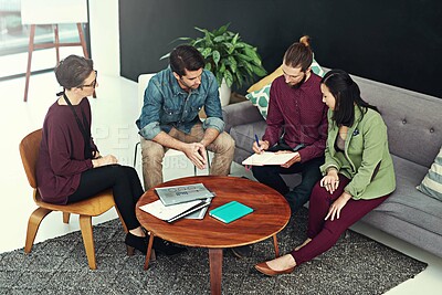 Buy stock photo Creative agency, teamwork and business people in meeting, notebook and company calendar in workplace. Group, project and employees with conversation, cooperation and review with notes and talking