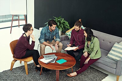 Buy stock photo Creative agency, ideas and business people in meeting, brainstorming and feedback with cooperation. Group, modern office and employees with conversation, partnership and review with project brief
