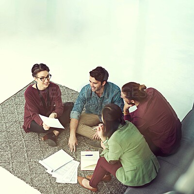 Buy stock photo Creative, business people and meeting with documents for project discussion, brainstorming or interior design at office. Group of employees in team collaboration on color palette, swatch or paperwork