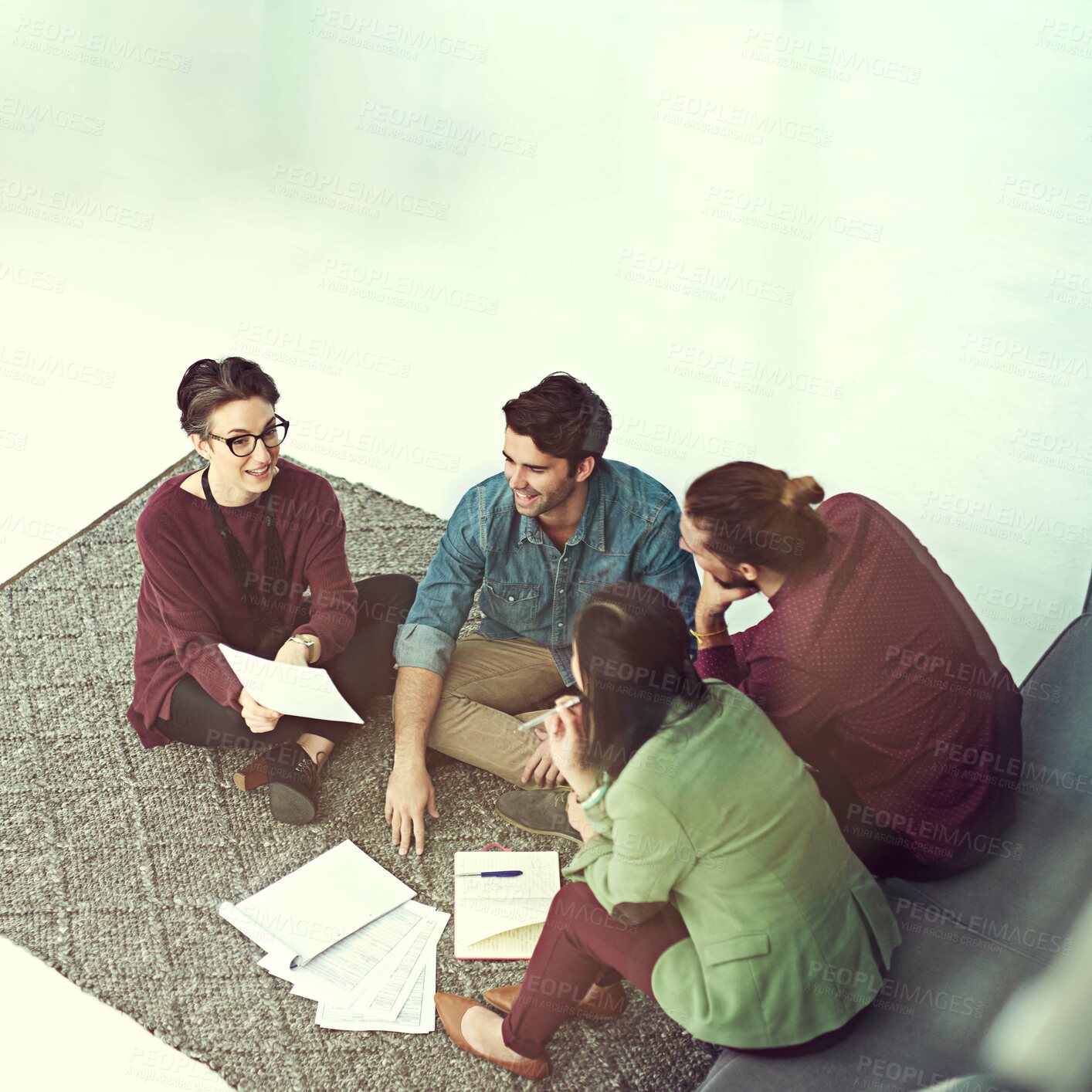 Buy stock photo Creative, business people and meeting with documents for project discussion, brainstorming or interior design at office. Group of employees in team collaboration on color palette, swatch or paperwork