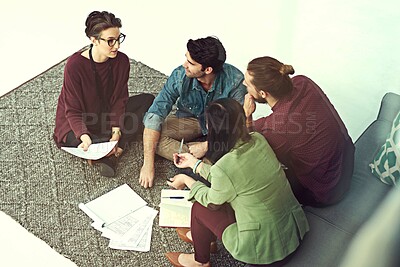 Buy stock photo Floor, workshop and business people in creative brainstorming, collaboration or ideas at startup. Growth, development and teamwork at meeting for design, planning and problem solving on office carpet