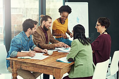 Buy stock photo Creative, workshop and group of people in business chat for planning, strategy and sharing ideas in office. Design, meeting and team working together at presentation in growth, development or support