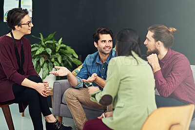 Buy stock photo Office, workshop and business people in creative brainstorming, collaboration and decision together. Growth, development and meeting with men, women in planning or strategy with interior design team