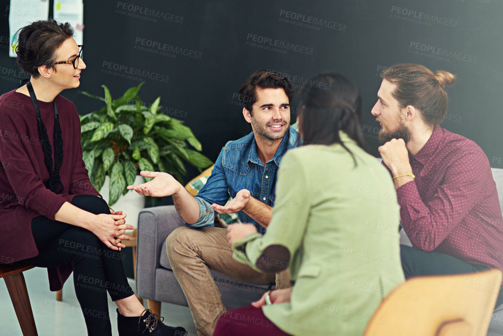 Buy stock photo Office, workshop and business people in creative brainstorming, collaboration and decision together. Growth, development and meeting with men, women in planning or strategy with interior design team