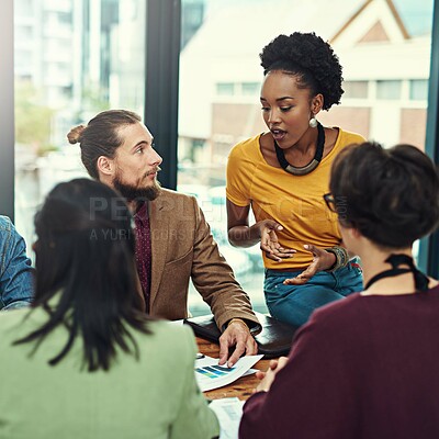 Buy stock photo Business people, group and brainstorming in meeting with discussion for creative planning and feedback in office. Teamwork, employees and strategy with talking, explaining and listening in boardroom 