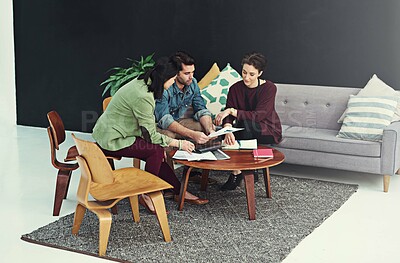 Buy stock photo Creative, business people and meeting with documents on floor for interior design or project discussion at office. Group of employees with color palette or paperwork in team collaboration for startup