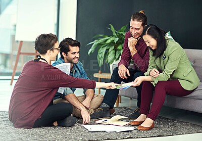 Buy stock photo Creative, business people and meeting with color palette for interior design or project discussion at office. Group of employees with swatches for choice, decision or idea in collaboration or startup