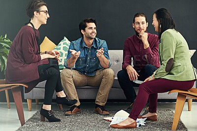 Buy stock photo People, meeting and smile in office with laughing for teamwork, collaboration and plan as graphic designer. Employee, brainstorming and happy for creative ideas, sharing and discussion for project