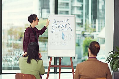 Buy stock photo Business people, creative agency and presentation with ideas, brainstorming and planning for project. Group, staff and modern office with teamwork, cooperation and brief with feedback, talk or review