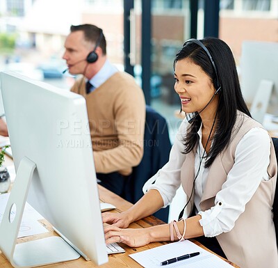 Buy stock photo Phone call, man and woman at computer in customer support, help desk or telemarketing office. Headset, online consultation and client service agent in coworking space for crm, advice or callcenter