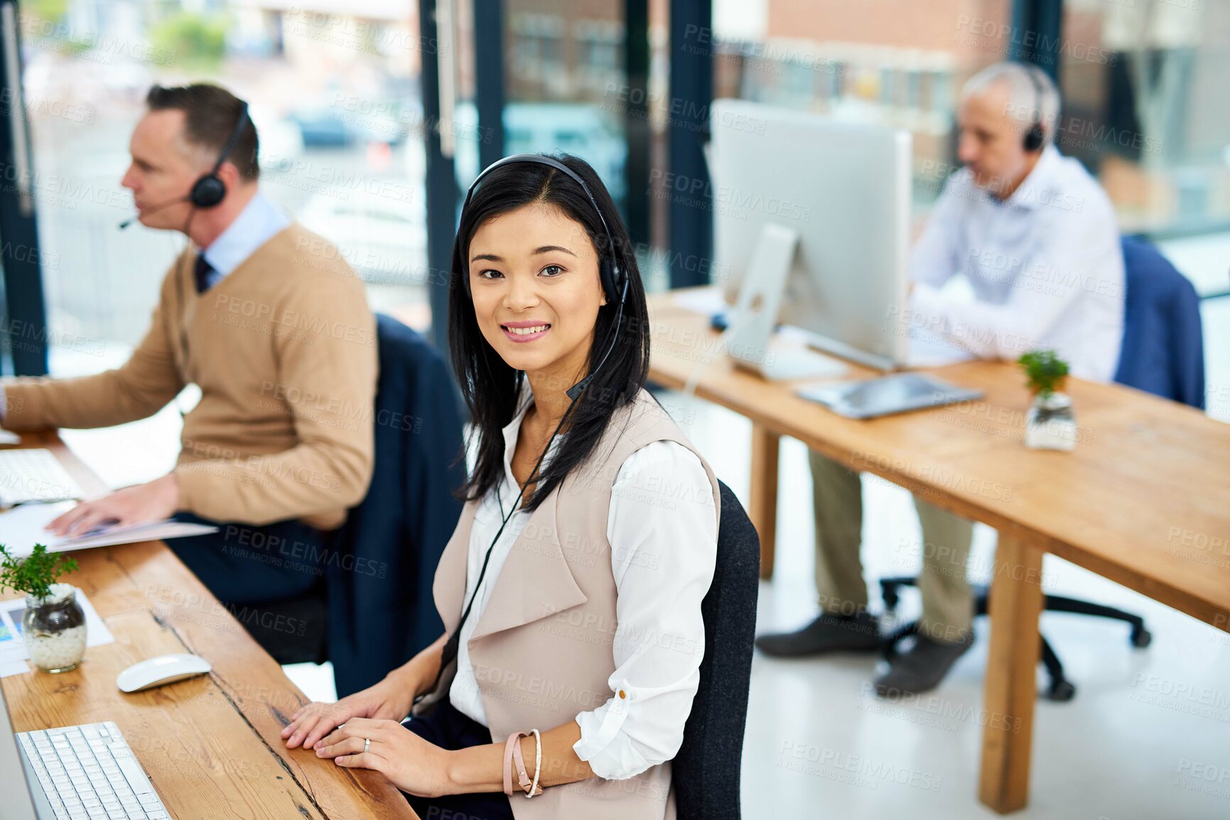 Buy stock photo Phone call, portrait and woman at computer in customer support, help desk or telecom office. Headset, online consultation and client service agent in coworking space for crm, advice or callcenter