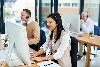 Buy stock photo Phone call, man and woman at computer at help desk, customer service or telemarketing office. Headset, online consultation and client service agent in coworking space for crm, advice or callcenter