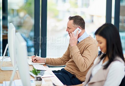 Buy stock photo Phone call, business and mature man in office for discussion, schedule or confirm meeting with client. Conversation, technology and consulting agent for networking, negotiation or feedback on deal