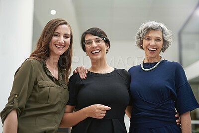 Buy stock photo Laughing, business women or portrait in office for collaboration, partnership and teamwork in company. Happy, group or employees in support and solidarity for leadership, mentorship or community