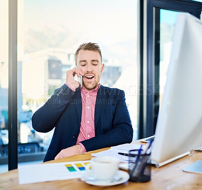 Buy stock photo Laugh, phone call and business man talking, communication or data analyst listen to contact networking in office. Mobile, conversation and professional in chat for news, deal or corporate negotiation