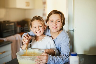 Buy stock photo Kitchen, siblings and girl learning to bake in home for cookies, dessert and bonding together. Happy family, sisters or children for cooking with ingredients, recipe and teaching for cake in house
