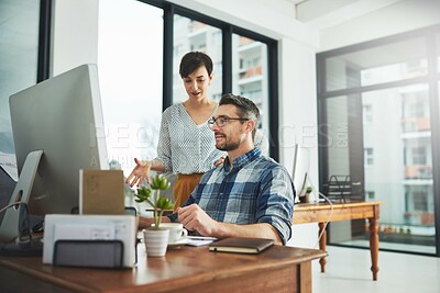 Buy stock photo Team, people and coworking for review in office for business on project in company as developer in digital agency. Group, feedback and collaboration in communication, growth or career in brand design