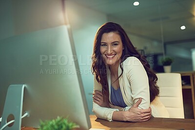 Buy stock photo Office, computer and portrait of business woman at night working on online project, planning and overtime. Corporate, professional and person on PC monitor for proposal review, website and research