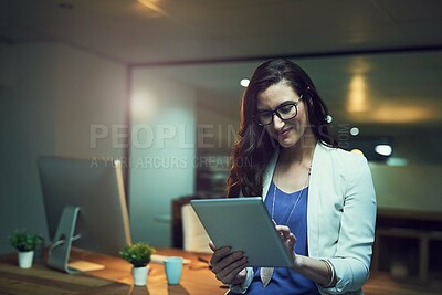Buy stock photo Smile, night and business woman with tablet in office for planning, schedule or researching project. Professional, digital developer and employee with tech for networking, website review or online