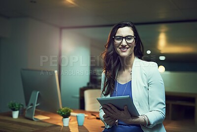 Buy stock photo Portrait, night and business woman with tablet in office for planning, schedule or researching project. Smile, digital developer and happy employee with tech for networking, website review or online