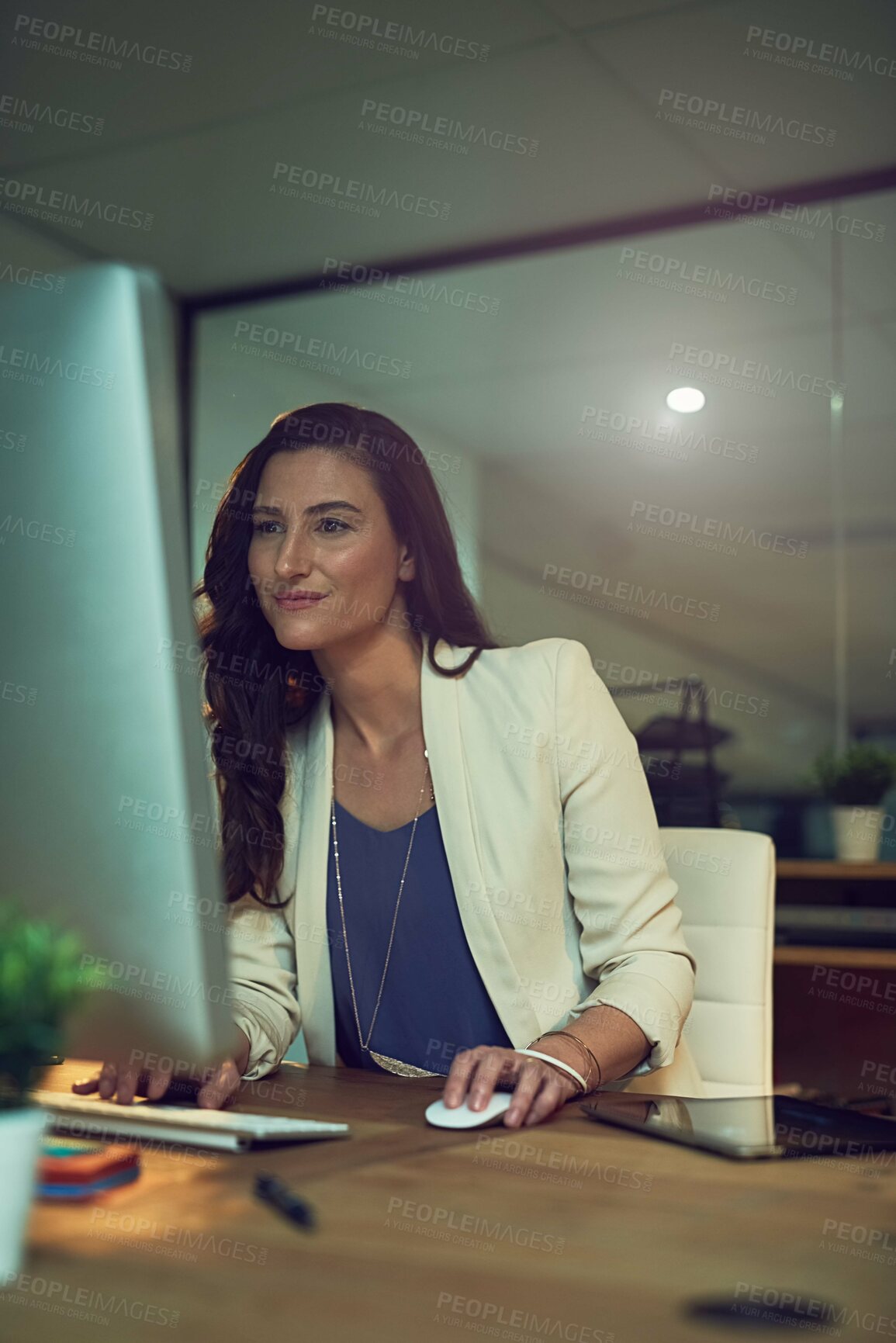 Buy stock photo Office, computer and professional woman at night working late on online project, planning and reading email. Corporate, business and person on PC monitor for proposal review, website and research