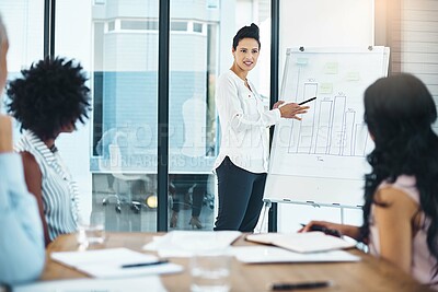 Buy stock photo Woman, chart and presentation for plan on company growth, feedback and statistics on sales. Female person, speaking and office for training workshop at global business, graph and meeting for project
