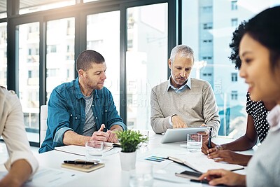 Buy stock photo Business people, meeting and tablet in office for planning, discussion and teamwork with technology. Coworkers, notes and smartphone  in boardroom for project, ideas and brainstorming at workplace