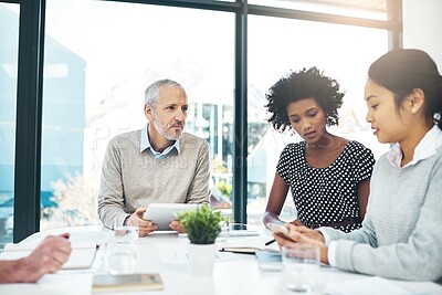 Buy stock photo Business people, meeting and smartphone in office for planning, discussion and teamwork with technology. Coworkers, notes and mobile in boardroom for project, ideas and brainstorming at workplace