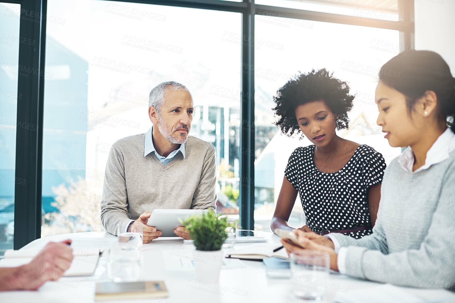 Buy stock photo Business people, meeting and smartphone in office for planning, discussion and teamwork with technology. Coworkers, notes and mobile in boardroom for project, ideas and brainstorming at workplace