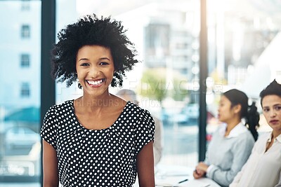 Buy stock photo Portrait, smile and business woman in office for meeting, coworking or team manager in creative startup. Face, happy or confident professional entrepreneur, designer or employee working for career
