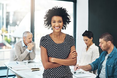 Buy stock photo Portrait, smile and confident business woman in office meeting, coworking or team leader in creative startup. Face, happy professional and entrepreneur with arms crossed, designer or proud employee