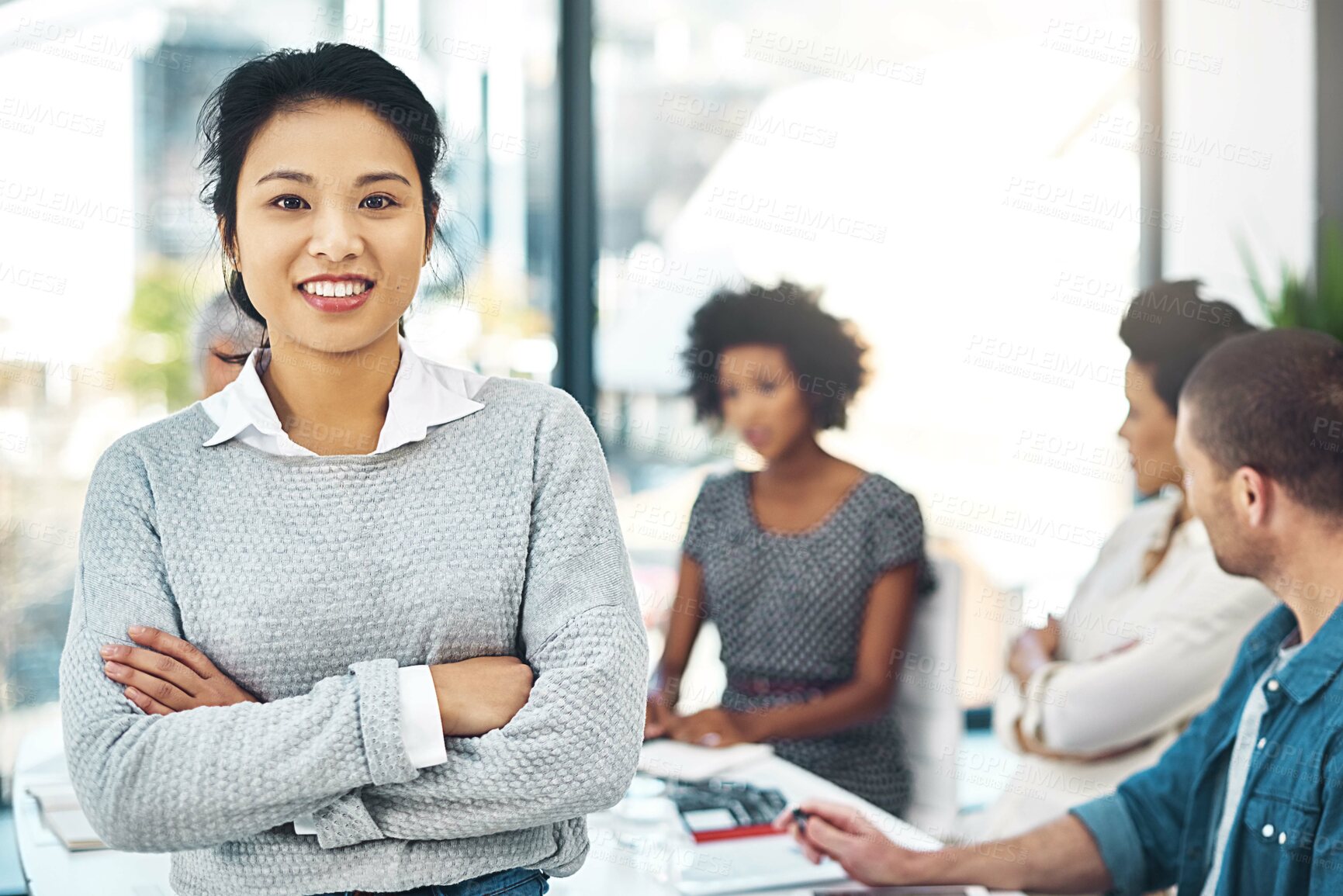 Buy stock photo Portrait, smile and business woman with arms crossed in office meeting, coworking or team leader in creative startup. Face, confident and happy professional entrepreneur, copywriter or proud manager