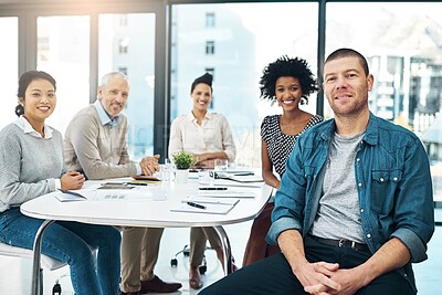 Buy stock photo Smile, meeting and portrait of business people in office with documents for financial budget planning. Discussion, happy and team of professional finance advisors working with paperwork in workplace.