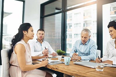 Buy stock photo Business people, meeting or collaboration in office for planning, discussion and teamwork with tech. Coworkers, notes and laptop in boardroom for project, ideas and brainstorming at workplace
