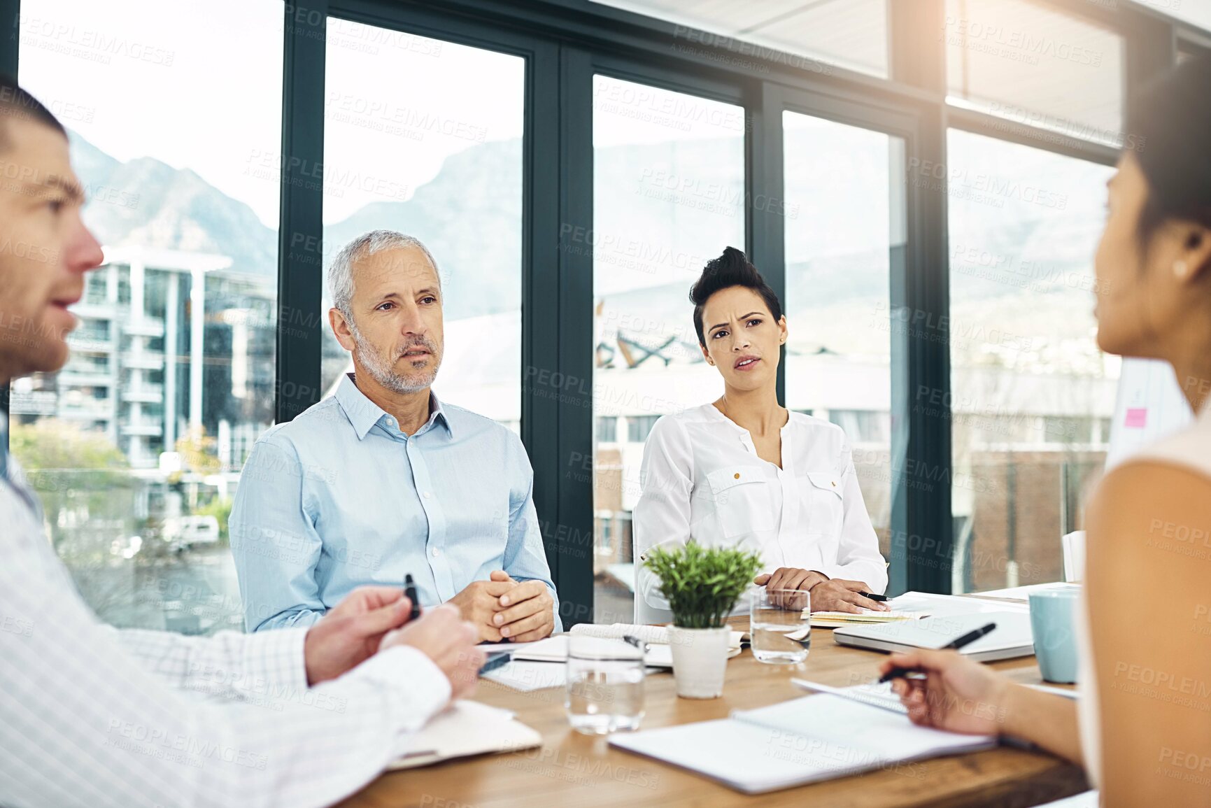 Buy stock photo Business, team and confused or planning in office meeting together, laptop for research with employee brainstorming. Tech, conversation and company project, corporate strategy for collaboration